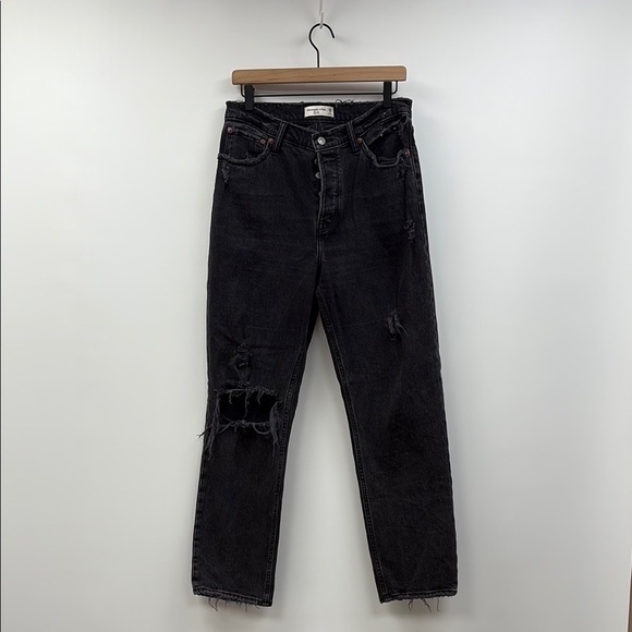 Abercrombie & Fitch The Dad High Rise Straight Jeans Black Distressed Denim 29 - Picture 2 of 8